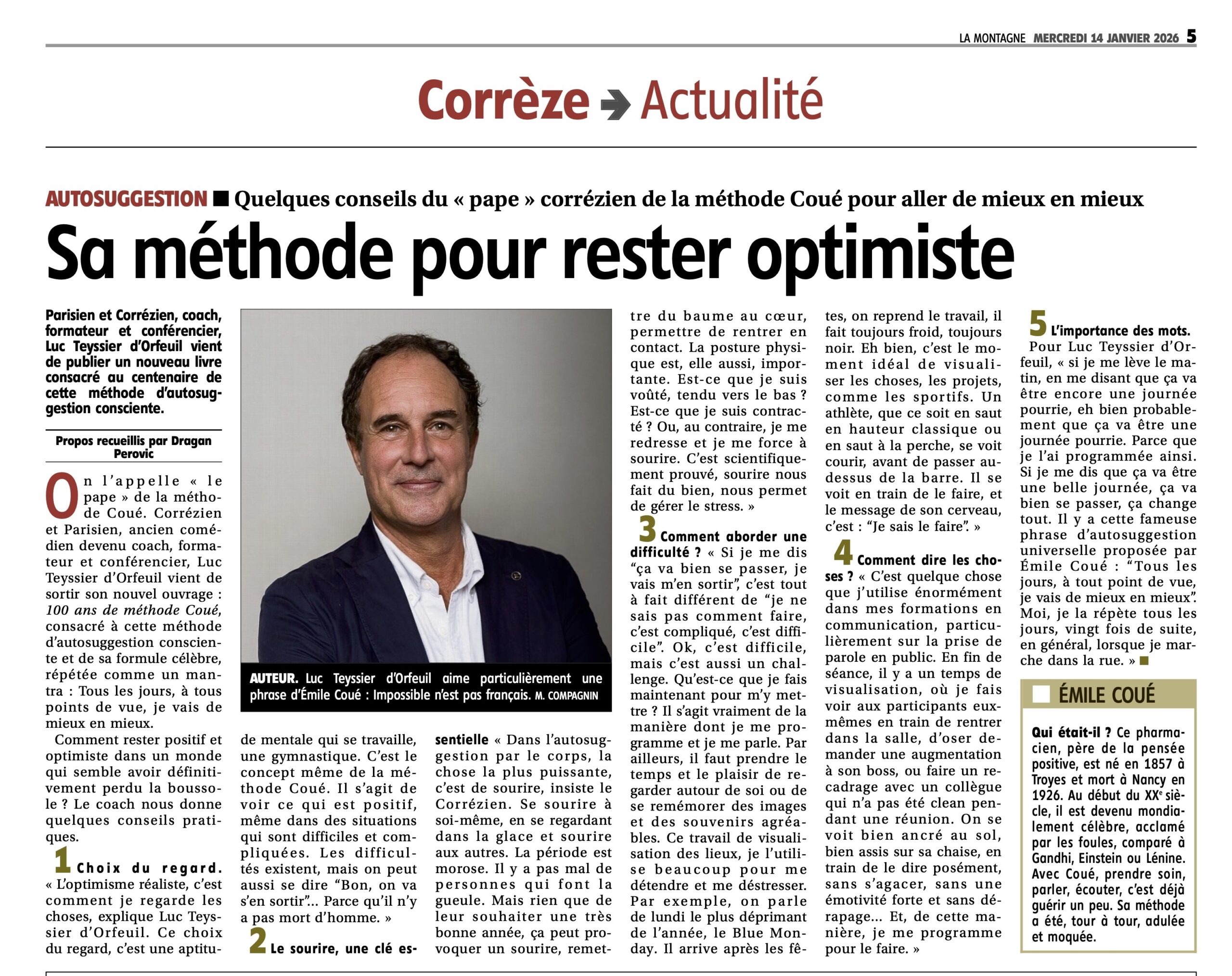 La méthode Coué dans le journal La Montagne du 14 janvier 2026